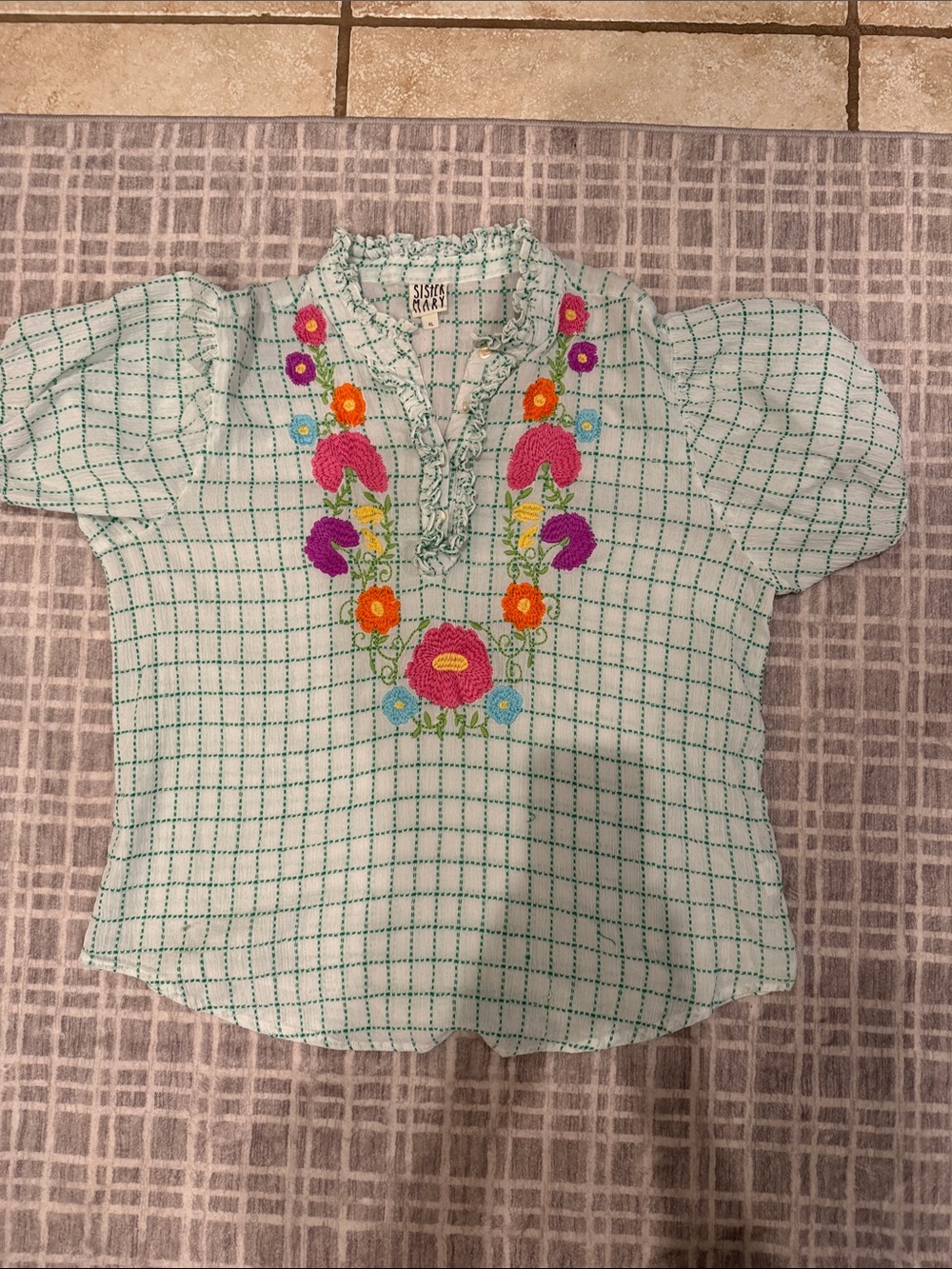 Sister Mary Mint Green Embroidered Peasant Blouse